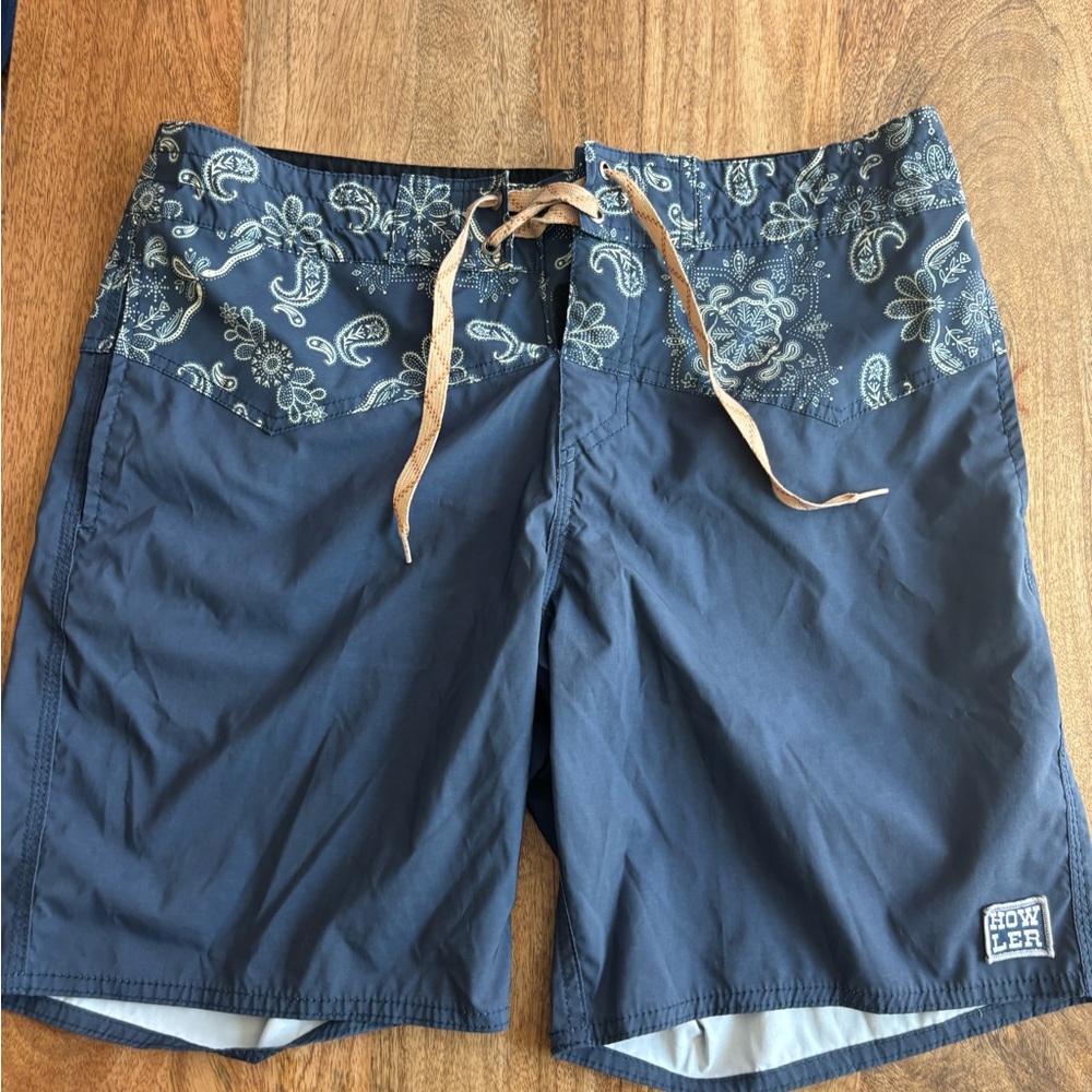 Howler Brothers Navy Board Shorts with Paisley Waistband and Tan Drawstring